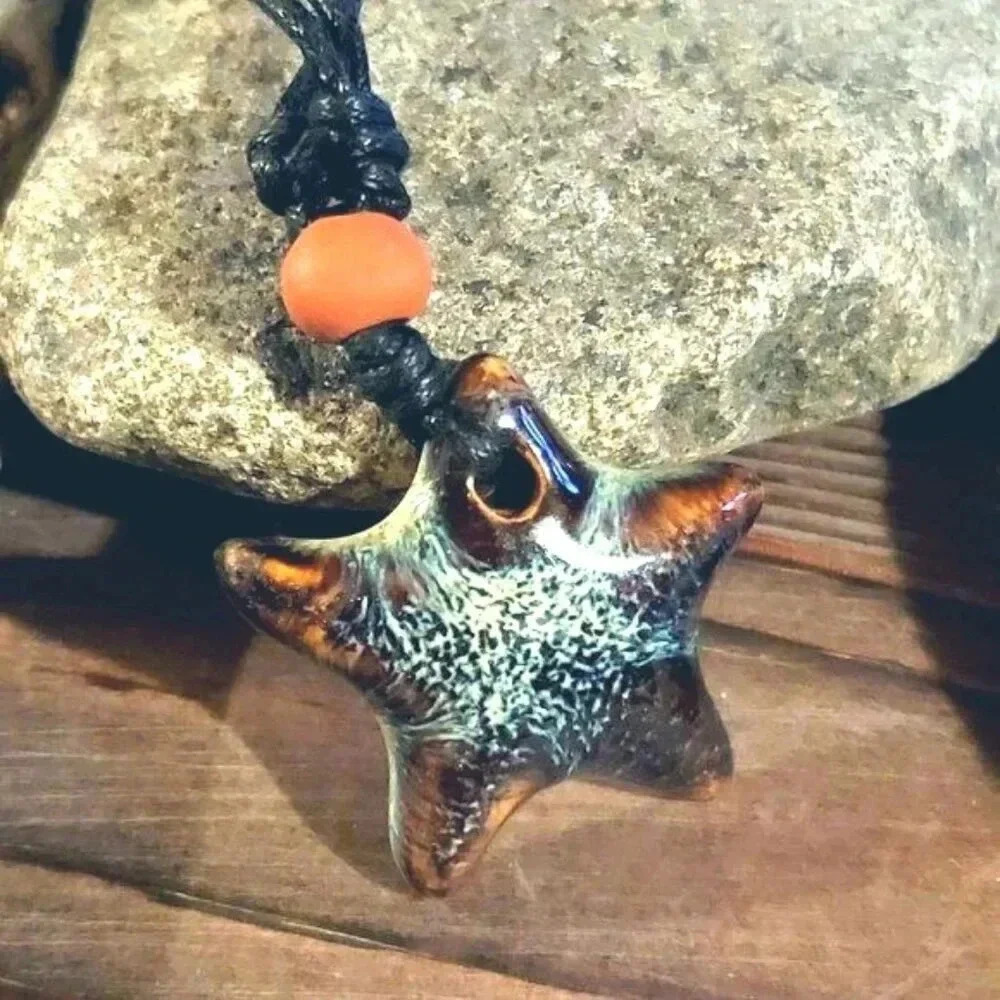 Mottled Porcelain Star Pendant Glazed Blues Browns Necklace